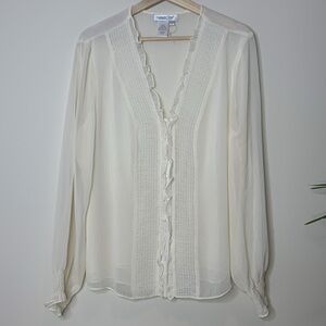 Coldwater Creek Vintage Cream White Smocked Ruffle Sheer Feminine Peasant Top L